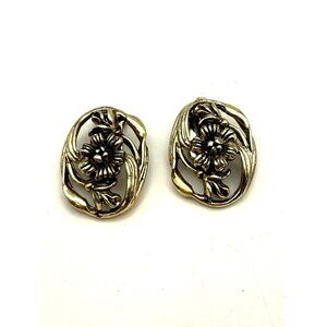 VTG Karu Arke Gold Tone Floral Clip On Earrings Retro Art Nouveau Style Jewelry